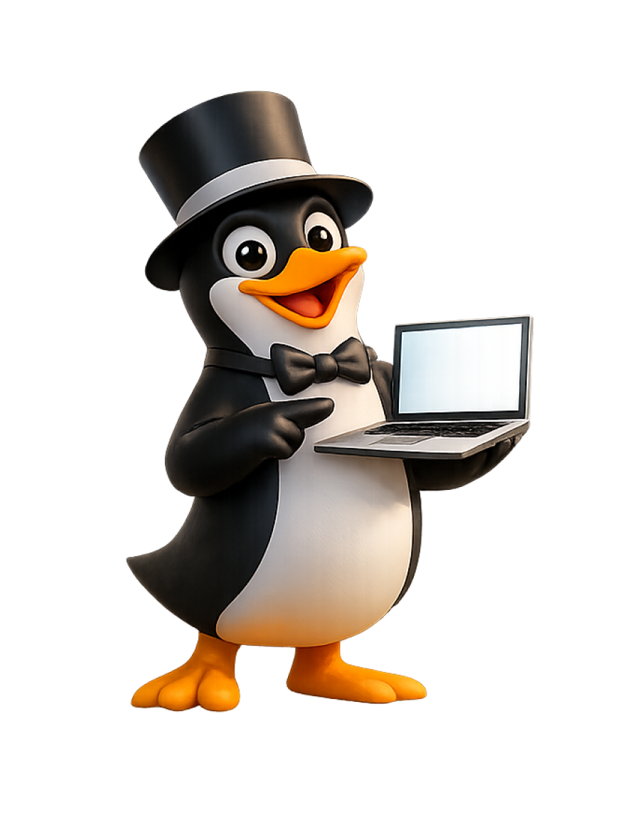 Pinguino sorridente che tiene in mano un pc