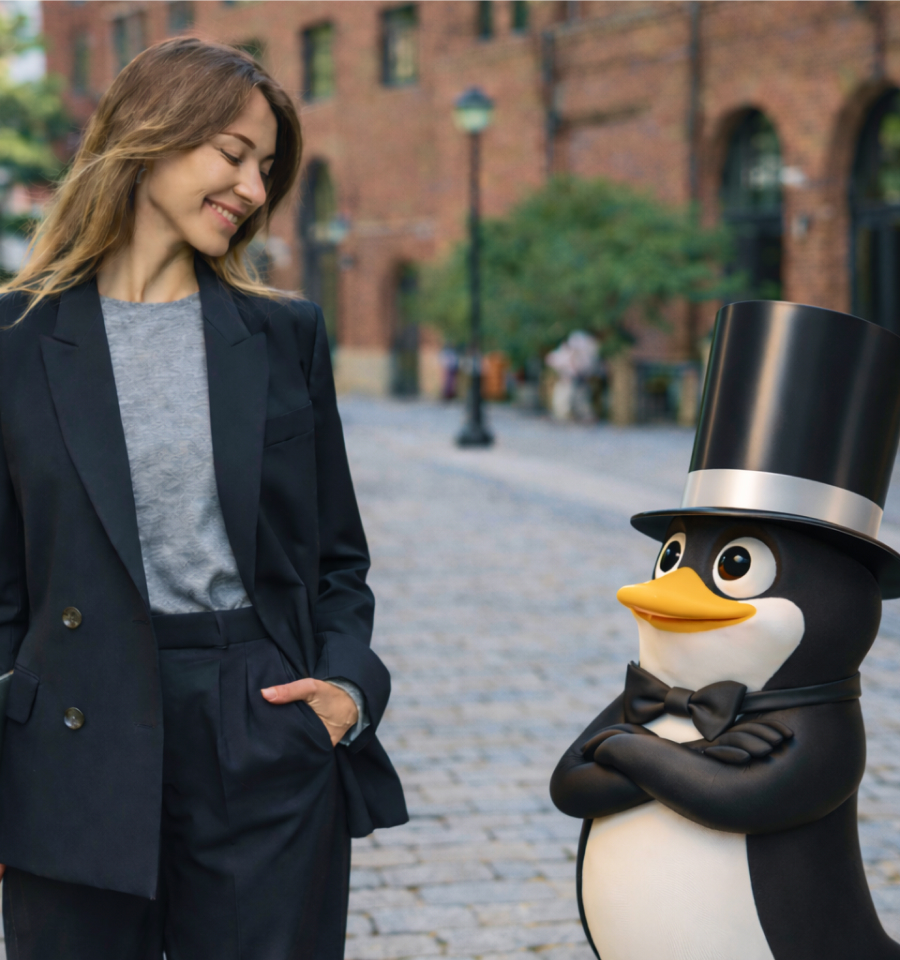 Giovane donna guarda il pinguino sorridente